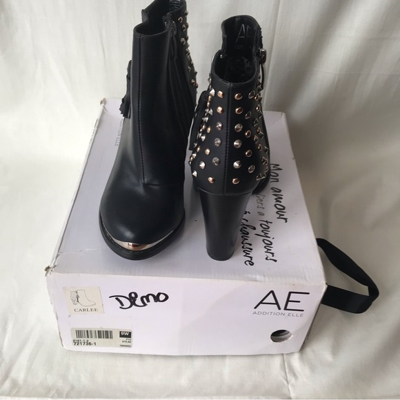 New Addition Elle Retro Zippered Black Studded High Heel Biker Bootie, Size 9W - Picture 7 of 11